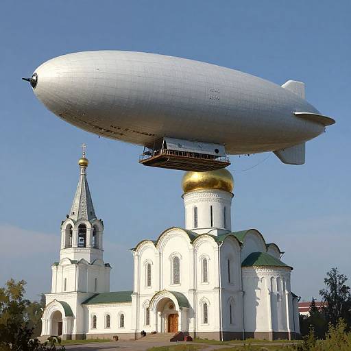 Photograph of a silver zeppelin hovering above a white Orthodox church with green roofs and gold domes on a clear blue day.