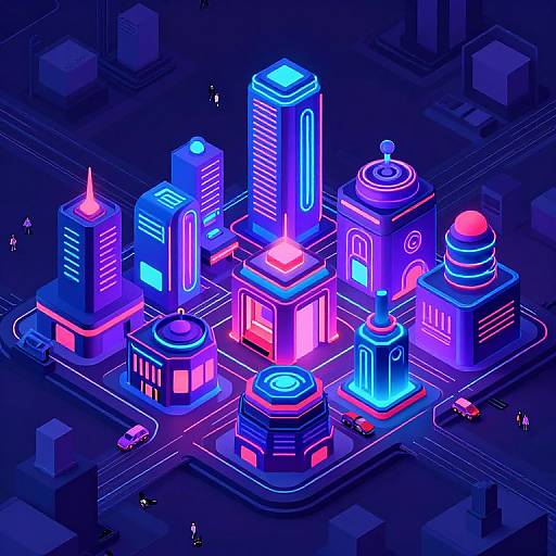 Neon-lit, futuristic cityscape illustration in vibrant blue, pink, and purple hues, featuring glowing skyscrapers and buildings, with small cars