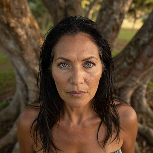 Photograph of a middle-aged woman with striking blue eyes, wet black hair, and tanned skin, standing against a tree trunk in a sunlit