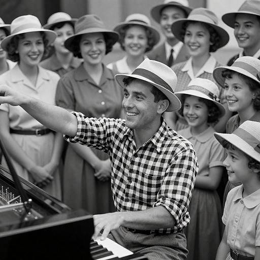 Vintage Performer with Piano and Audience