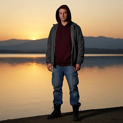Photograph of a man with light skin, brown hoodie, gray jacket, blue jeans, black boots, standing by a serene lake at sunset.