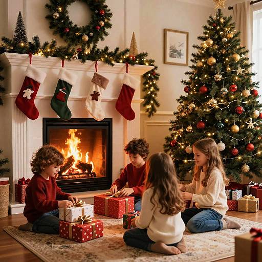 Photograph of three children, two boys and one girl, sitting around a lit fireplace, opening Christmas gifts in a cozy, decorated living room.
