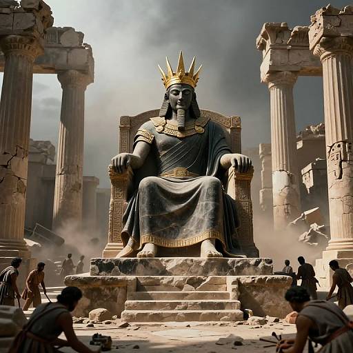 Digital artwork of an Egyptian pharaoh with a black face, golden crown, and blue robe, seated on a throne in a ruined temple, surrounded by