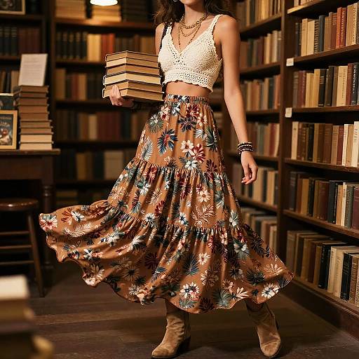 Photograph of a woman in a white crocheted crop top and brown floral skirt holding books in a library, wearing beige ankle boots and layered neck