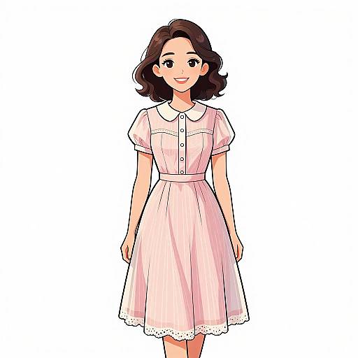 Digital anime-style drawing of a smiling woman with short, dark brown hair, wearing a light pink, short-sleeved, buttoned dress with lace
