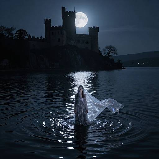 Silhouette of ghost-like figure in flowing white cloth, floating in dark blue water under full moon, with medieval castle in background. Photographic image.