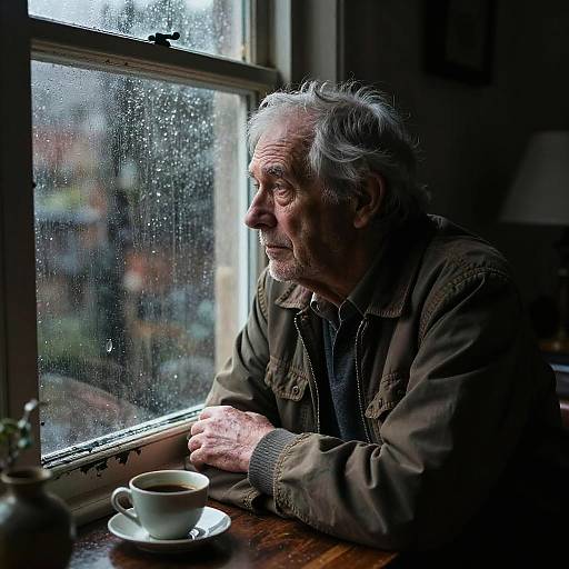 Sad Elderly Man Gazing Out Rain-Streaked Window