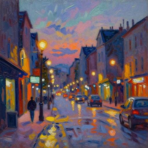 Vibrant, impressionist-style painting of a rainy urban street at dusk, with colorful reflections, streetlights, and illuminated shop windows.