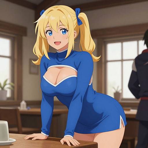 Anime-style digital drawing of a blonde girl with blue eyes, wearing a tight blue dress with white trim, leaning on a wooden table in a sunlit