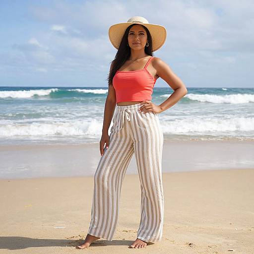 Photograph of a confident woman with dark hair, wearing a wide-brimmed straw hat, red tank top, and white-striped high-waist