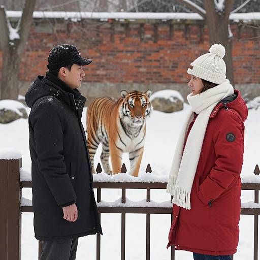 Winter Encounter: Men and Tiger in Snow