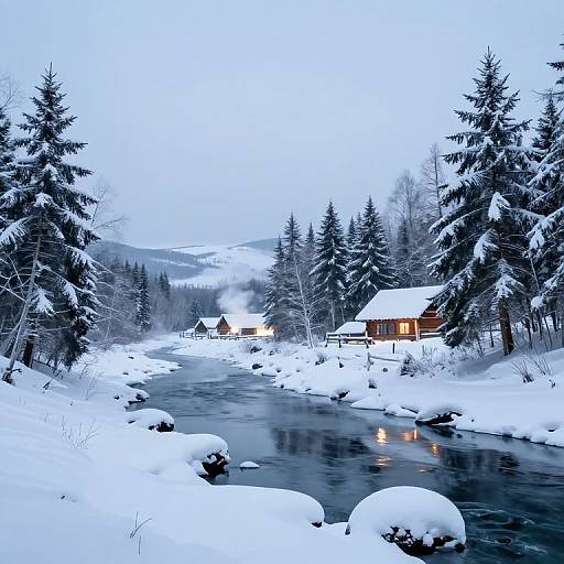 Photograph of a snow-covered, serene winter landscape with a wooden cabin emitting warm light, surrounded by snow-laden evergreen trees and a gently flowing