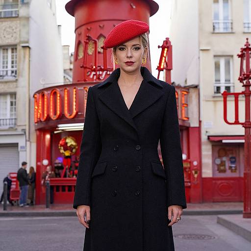 Photograph of a woman in a black coat and red beret, standing in front of a red, neon-lit café in a European city.