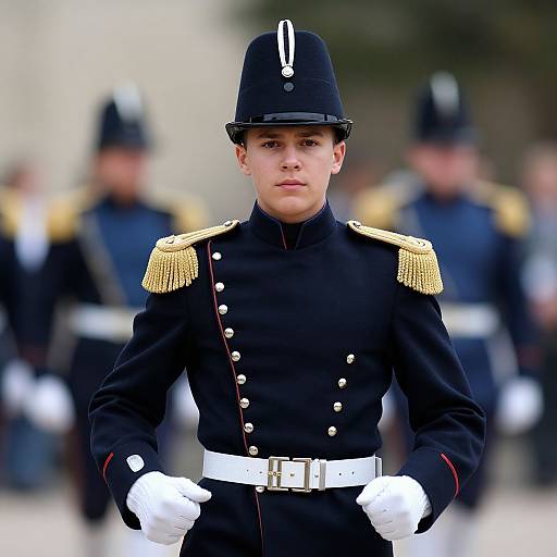 Photograph of a young boy in a black military uniform with gold epaulettes, white gloves, and a black hat, standing in front of