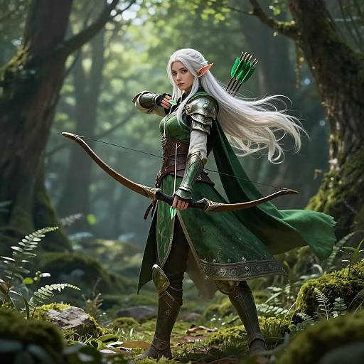 Digital fantasy artwork of an elf archer with white hair, green armor, and a green cloak, drawing a bow in a sunlit forest.