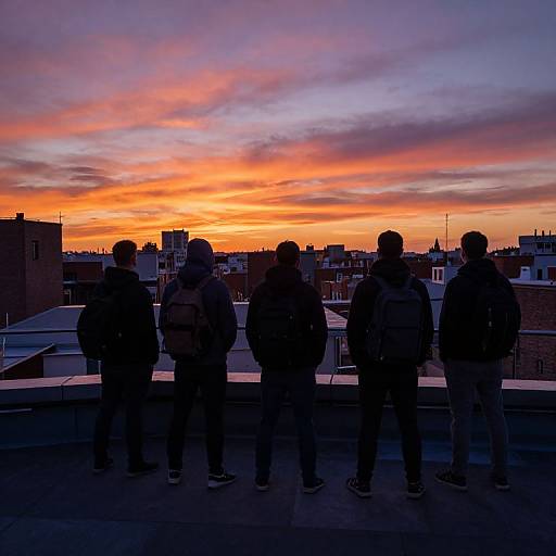 Silhouetted people stand on rooftop, watching vibrant orange and purple sunset over urban skyline. Photograph captures serene, colorful twilight moment.