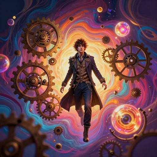 Digital art of a stylish, curly-haired man in a long coat, surrounded by colorful, swirling lights and floating gears in a cosmic backdrop.