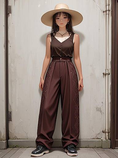 Photograph of a young woman with fair skin, black hair, wearing a wide-brimmed hat, black sleeveless jumpsuit, and black sneakers