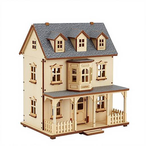 Photograph of a detailed, two-story, cream-colored Victorian-style wooden dollhouse with a blue shingle roof, three dormer windows, and a