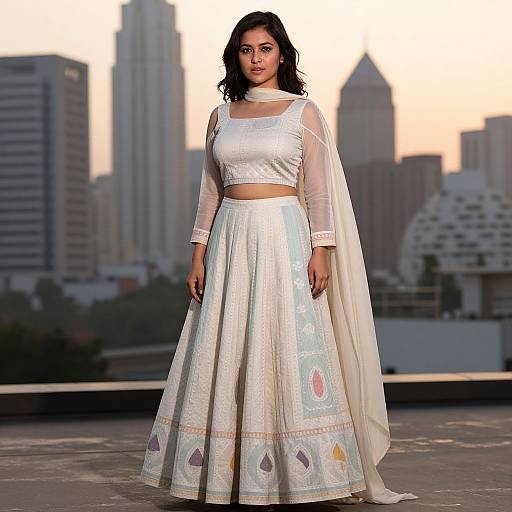 Photograph of a dark-haired woman in a white, embroidered traditional Indian outfit with a sheer long-sleeve top and flowing skirt, standing on a