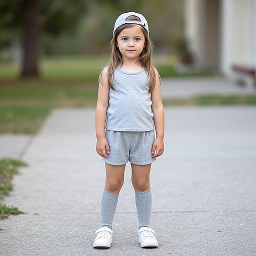Photograph of a young girl standing on a sidewalk, wearing a white tank top, gray shorts, white socks, and sneakers, with a backward white