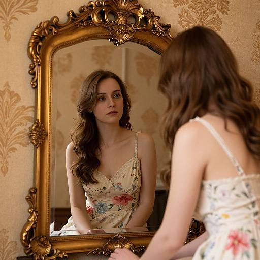 Photograph of a young woman with long brown hair, wearing a floral dress, gazing at herself in an ornate, gold-framed mirror,