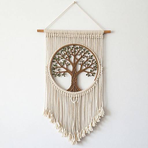 Decorative macrame wall hanging featuring a circular wooden tree design with intricate branches, set against a white background.