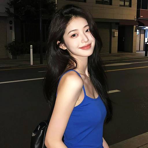 Photograph of an Asian woman with long black hair, wearing a blue tank top, smiling at night on an urban street.