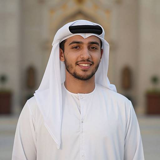 Photograph of a smiling Middle Eastern man with olive skin, trimmed beard, wearing a white traditional thobe and keffiyeh, standing in front