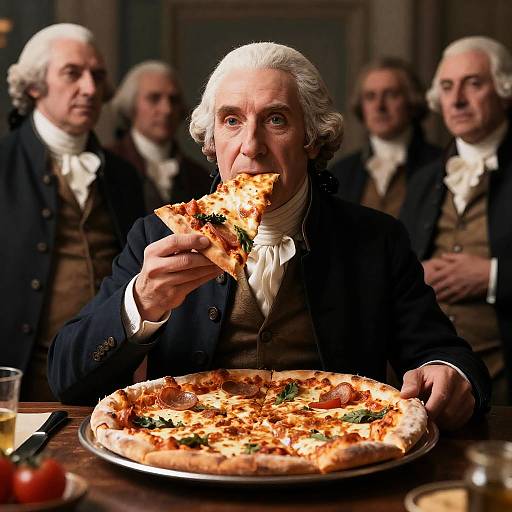 George Washington Eating Pizza Realistic Photo
