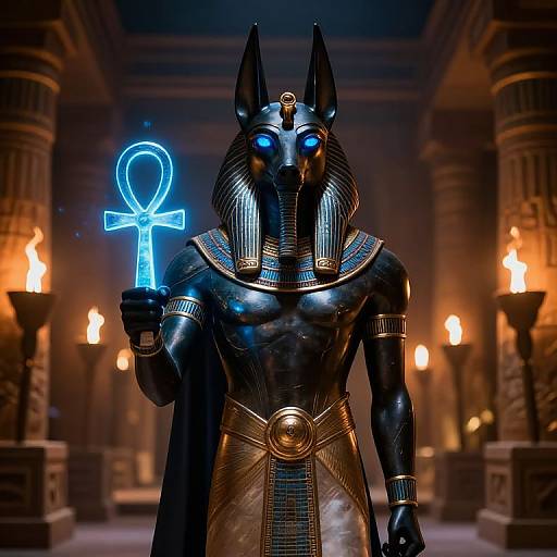 Photorealistic CGI of an Anubis-like figure with glowing blue eyes, black metallic body, holding a blue ankh, in a dimly