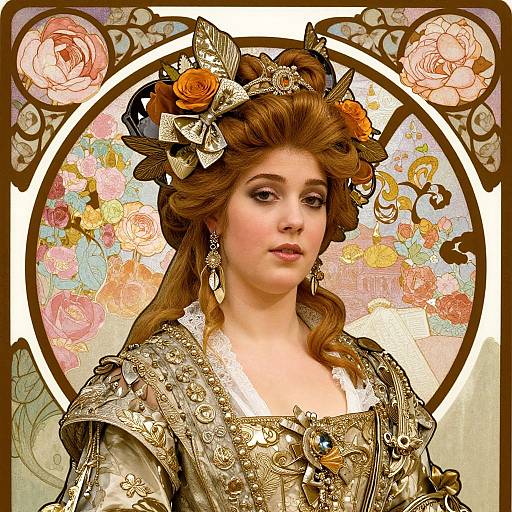 Digital artwork of a fair-skinned woman with elaborate, Victorian-style, brown hair adorned with flowers, wearing ornate, gold embroidered dress, surrounded by