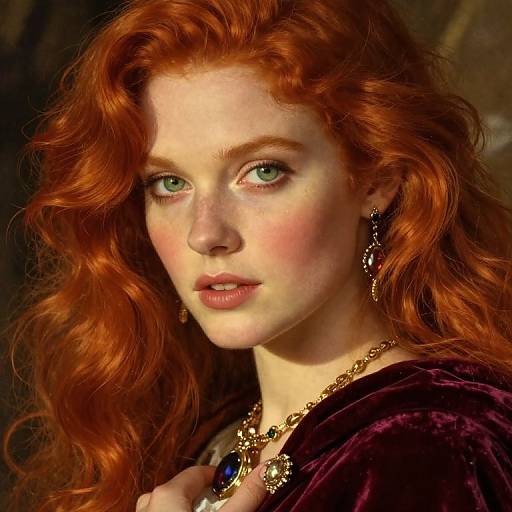 Digital painting of a fair-skinned, red-haired woman with green eyes, wearing ornate jewelry and a dark velvet cloak, gazing intensely forward.