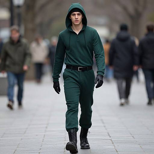 Photograph of a young, fair-skinned man with a serious expression, wearing a dark green hooded jumpsuit, black gloves, and boots,