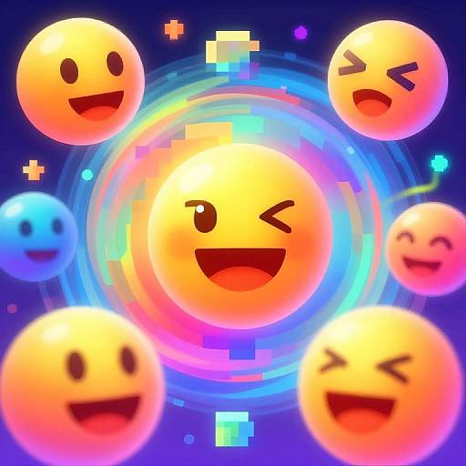 Bright, colorful digital artwork of six glowing, orange, smiley faces with various expressions, orbiting a central, winking smiley against a blue