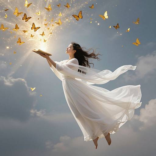 Photograph of a woman in a flowing white dress, barefoot, with long black hair, reaching towards a sunlit swarm of golden butterflies against a