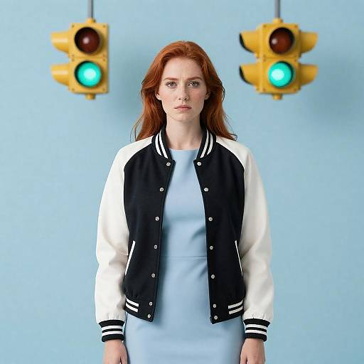 Serious Redhead in Varsity Jacket