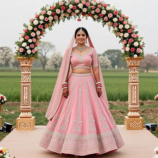 Photograph of a South Asian bride in pink traditional lehenga and veil, standing under a floral arch in a green field.