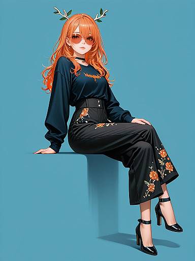 Stylish Woman in Floral High-Waisted Trousers