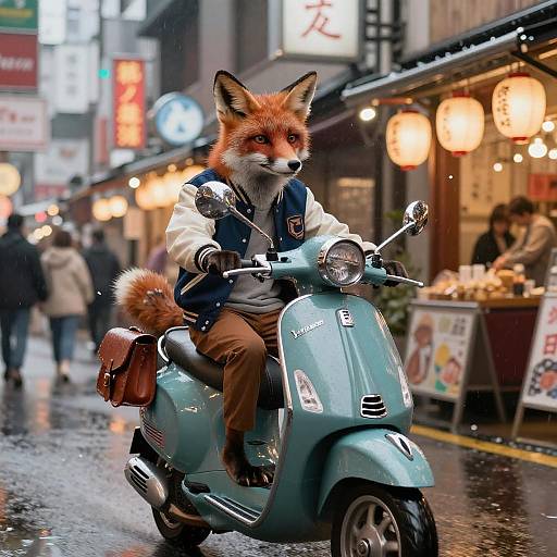 Anthropomorphic Fox Riding Vintage Vespa in Tokyo Alley