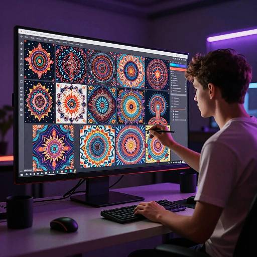 Digital Artist Creating Mandala Designs on Computer
