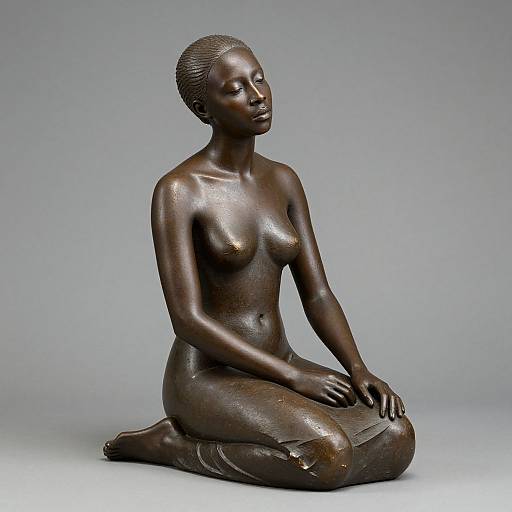 Photograph of a dark bronze sculpture depicting a nude, seated, African woman with short hair, eyes closed, and serene expression, kneeling with hands resting