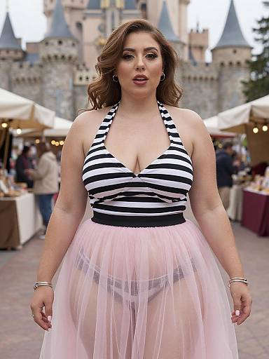 Photograph of a curvy woman with wavy brown hair, wearing a black-and-white striped halter top and pink tulle skirt, standing in