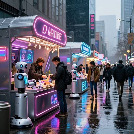 Photograph of a rainy urban street with neon-lit robotic food stalls, people in winter clothes, and reflections on wet pavement.