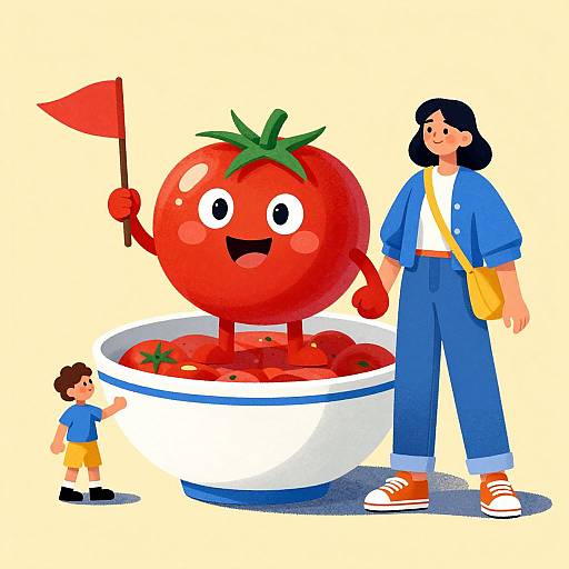 Digital cartoon of a smiling red tomato with arms and legs, flag in hand, standing in a bowl with more tomatoes, next to a woman in blue