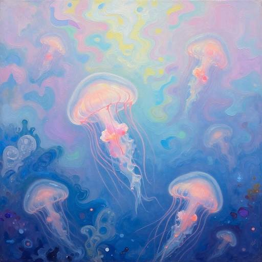 Digital painting of vibrant blue and pink jellyfish with glowing translucent bodies and flowing tentacles, floating in a swirling oceanic background.