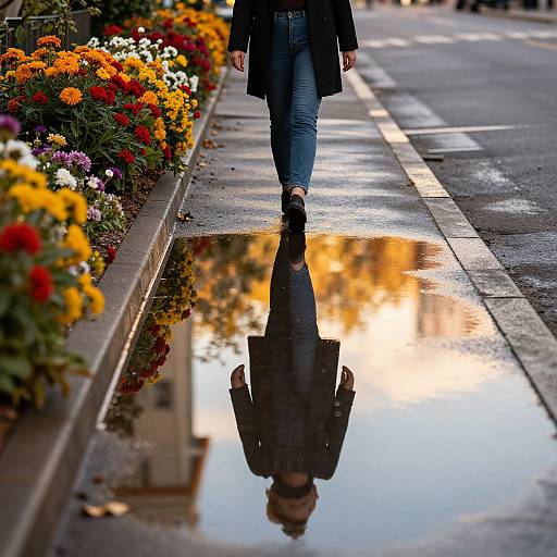 Photograph of a person in dark coat and jeans walking on wet sidewalk, reflected in puddle, surrounded by vibrant autumn flowers.