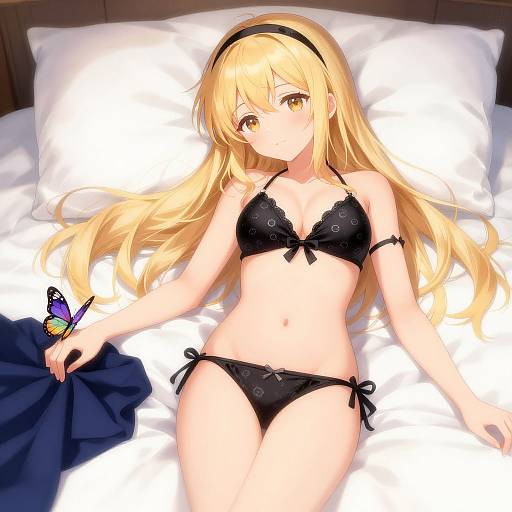 Anime-style digital illustration of a blonde girl with long hair, wearing black lace lingerie, lying on a white bed, holding a purple butterfly, with a