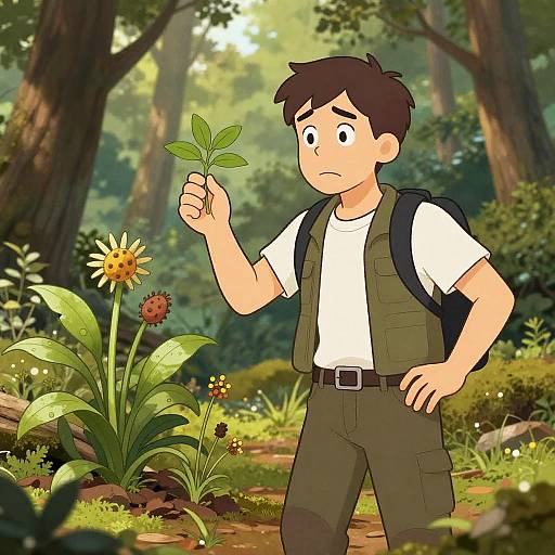 Cartoon boy with brown hair, white shirt, green vest, and backpack examines a sunflower in a lush forest. Digital illustration.
