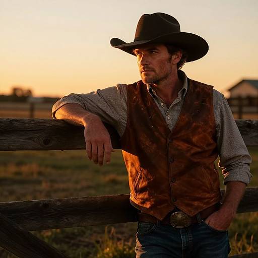 Photograph of a rugged, bearded cowboy in a brown vest, checkered shirt, and black hat leaning on a wooden fence at sunset.